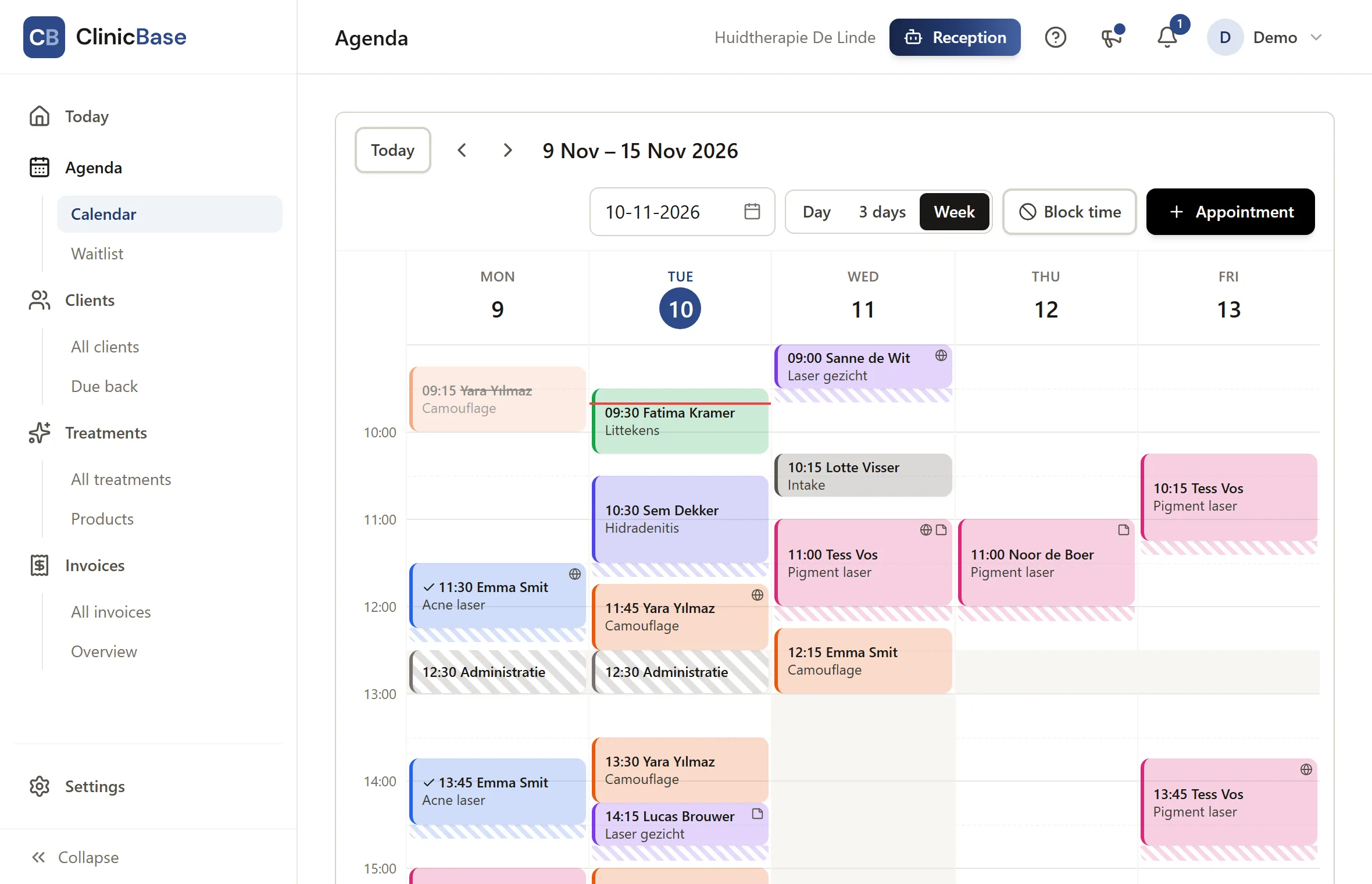 The demo practice's week calendar, each treatment in its own colour