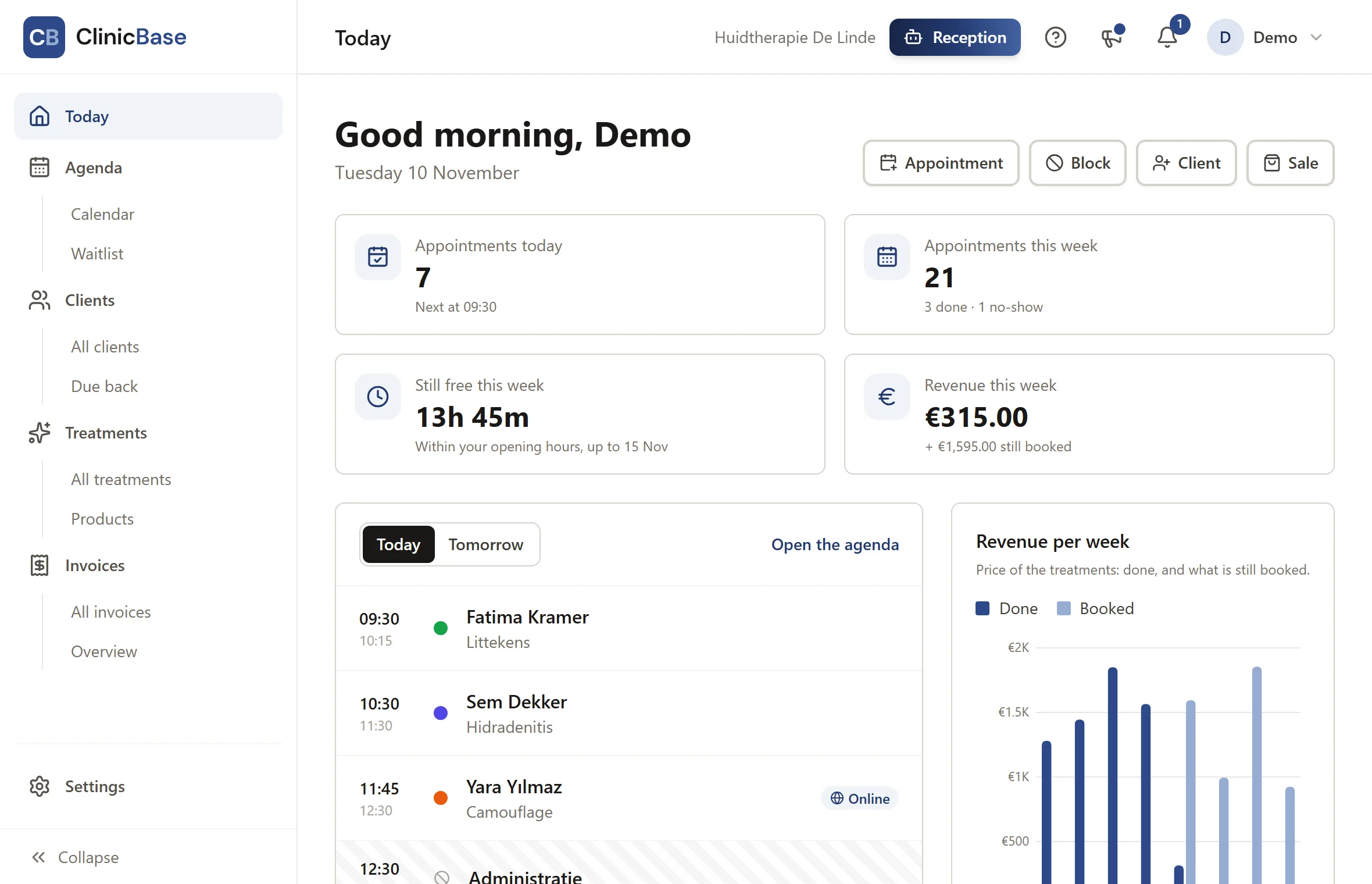 The start page: appointments today, free time and revenue this week