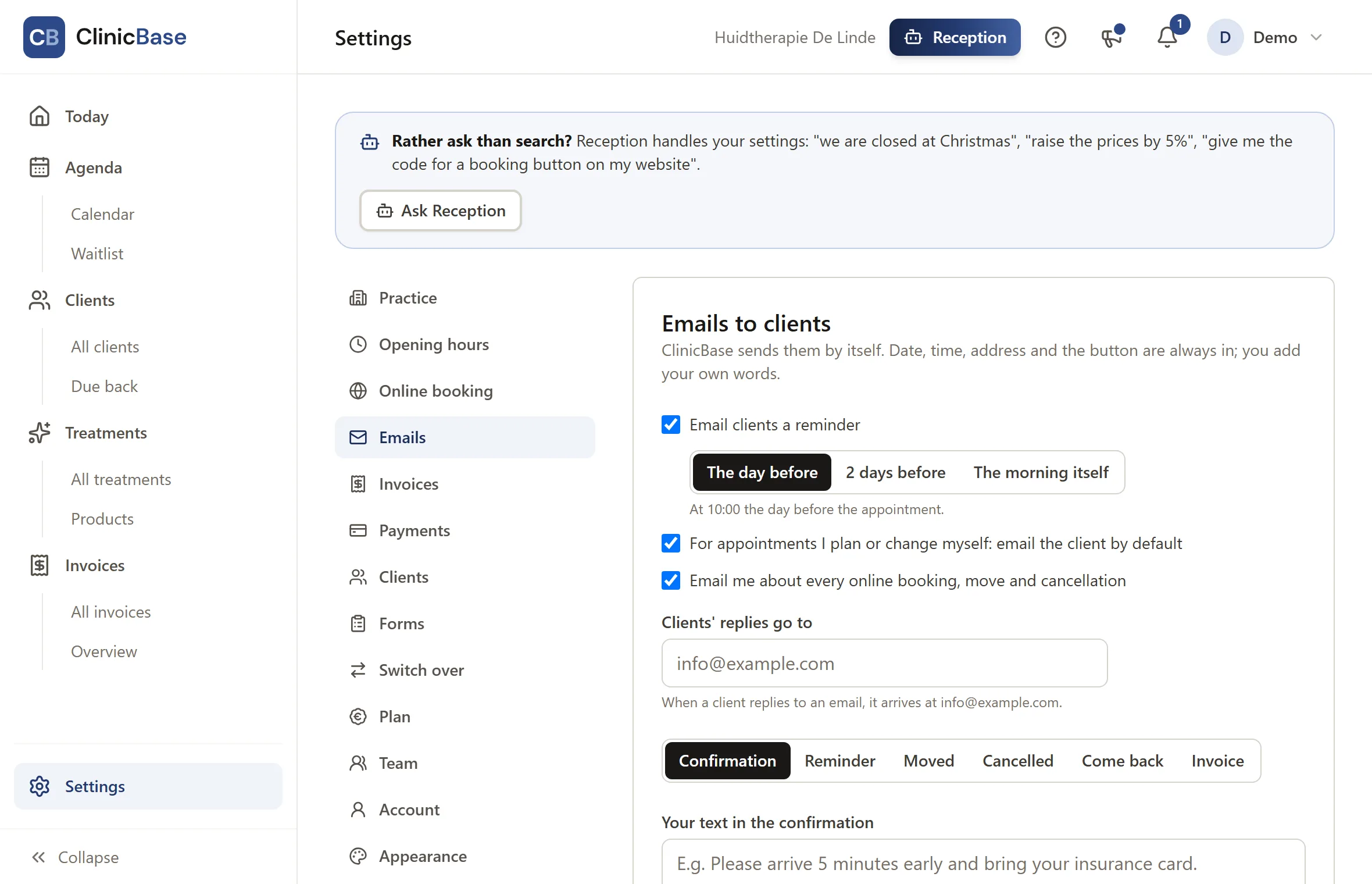 Settings for the emails to clients: reminder, texts per message