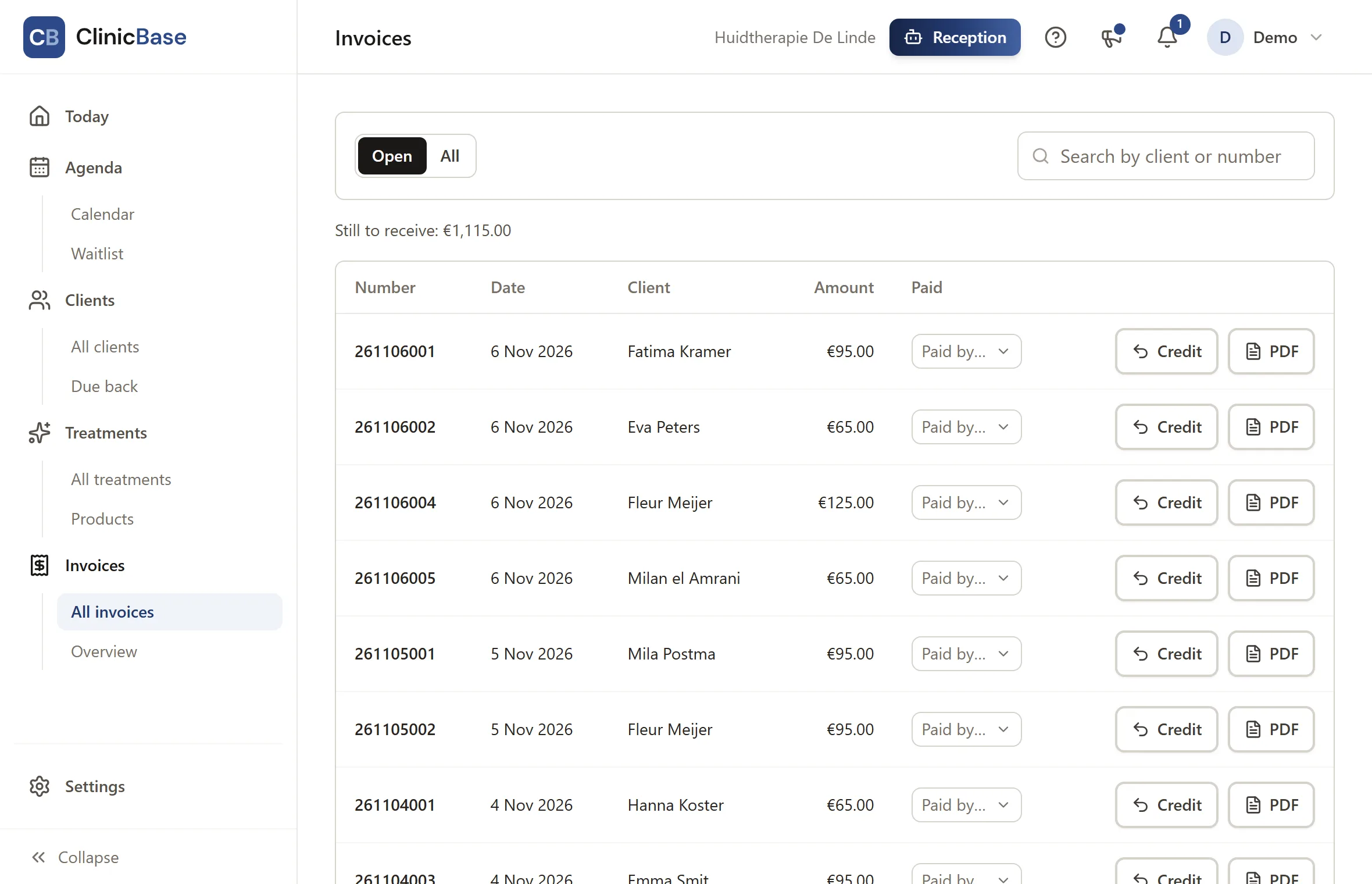 The invoice list, with what is still outstanding